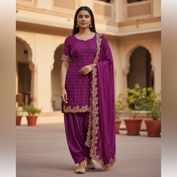 REHAB — Deep Purple Embroidered Salwar Kameez Custom Stictched - Picture 1 of 5